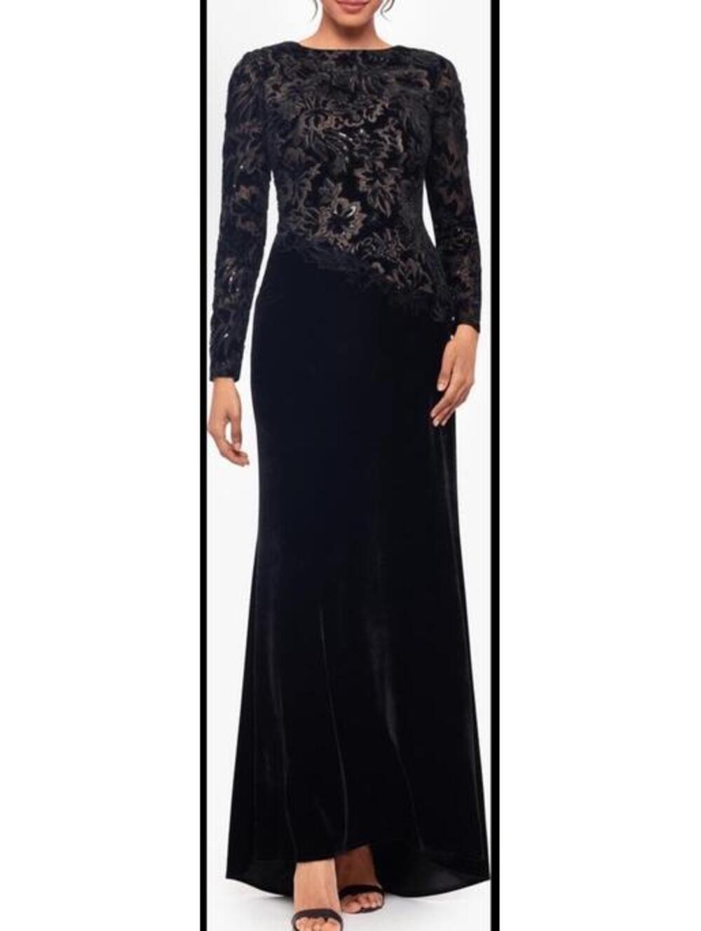 New Betsy & Adam Sequin & Velvet Long Sleeve Gown In Black/ Nude Sz 8 $299